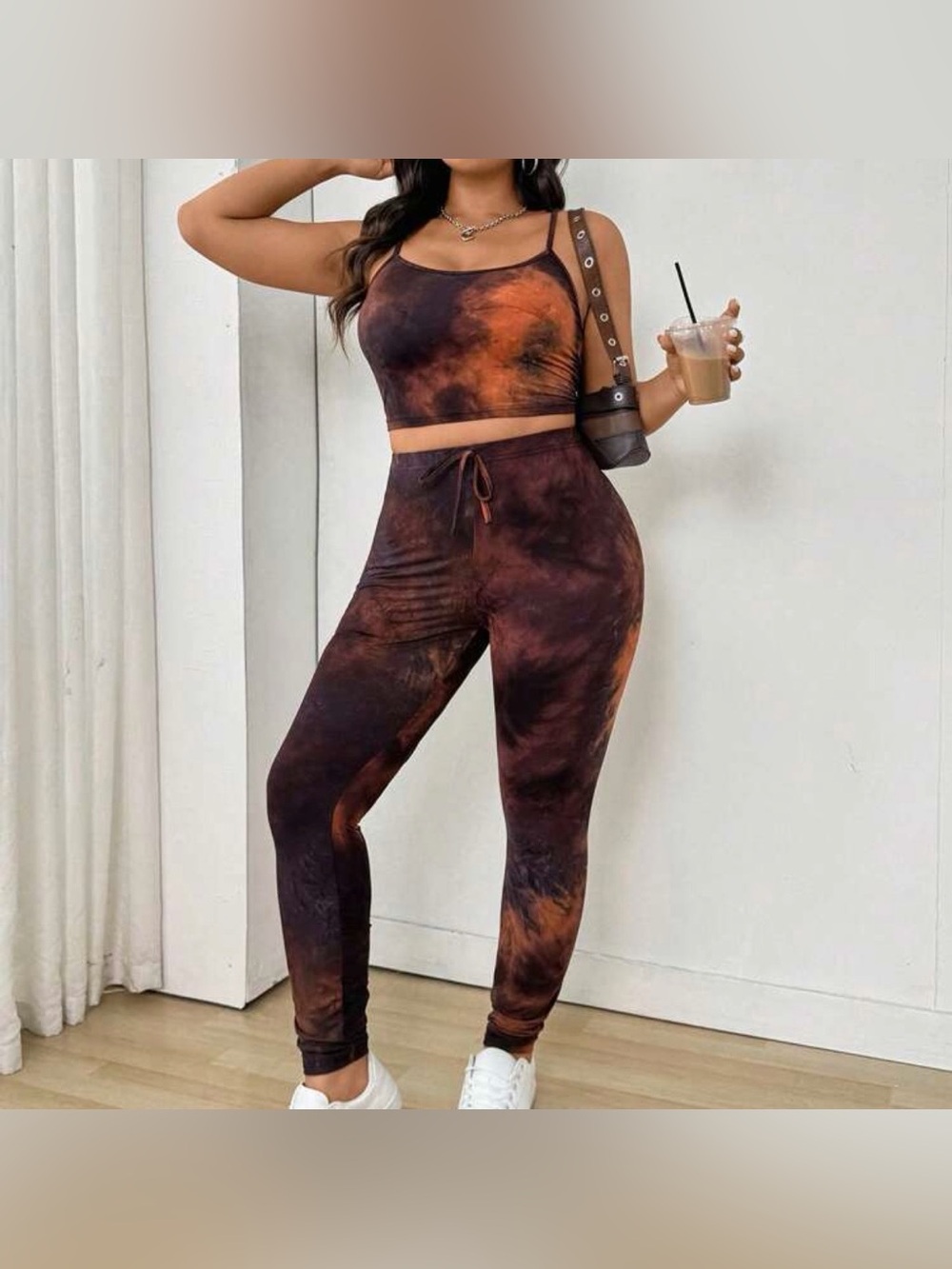 🆕 NEW Without Tags Tie-Dye High-Waist Joggers & Crop Top in Brown & Orange - 2XL